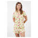 Trendyol Green 100% Cotton Watermelon Patterned Ruffle Shirt-Shorts Knitted Pajama Set