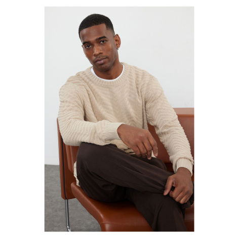 Trendyol Beige Regular Cotton Crew Neck Textured Knitwear Sweater