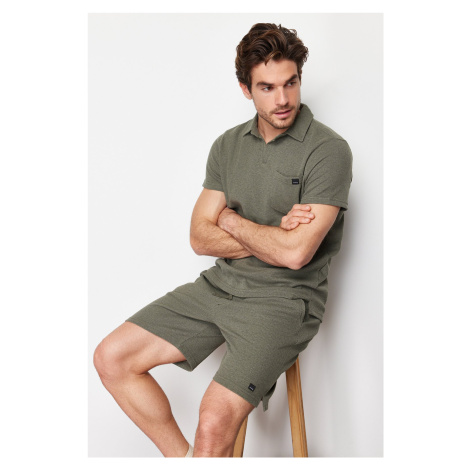 Trendyol Khaki Regular/Normal Cut Polo Collar Labeled T-Shirt Shorts Tracksuit Set