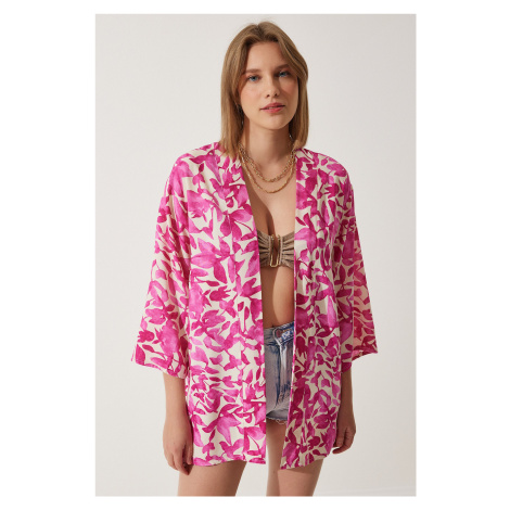 Happiness İstanbul Women's Pink Ecru Patterned Viscose Kimono