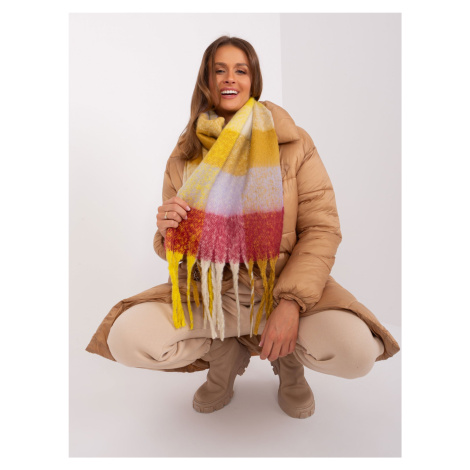Yellow and burgundy winter scarf with plaid fringes