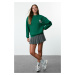 Trendyol Emerald Green Thick Inside Polar Slogan Embroidered Regular/Normal Fit Knitted Sweatshi