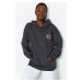 Trendyol Anthracite Motto Printed Oversize Hooded Thick Knitted Sweatshirt