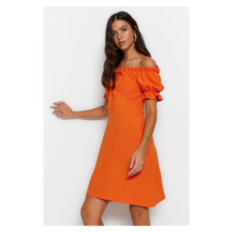 Trendyol Orange Square Neck Sleeves Ruffled Twist A-line Mini Knitted Dress