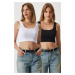 Happiness İstanbul Women's Black and White Strappy Crop Double Pack Knitted Blouse