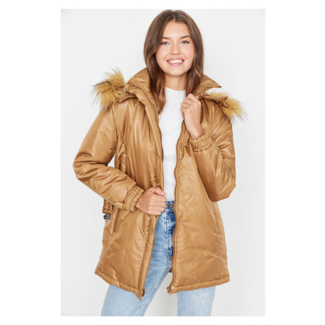 Trendyol Camel Oversize Arched Fur Hooded Quilted Down Jacket