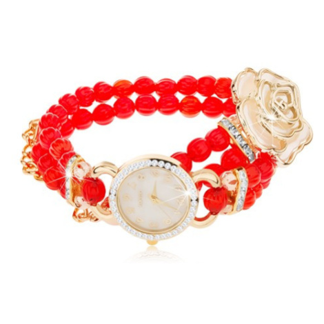 Analógové hodinky, korálkový červený náramok, ciferník so zirkónmi, biela ruža