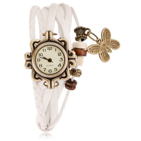 Analógové hodinky, ozdobne vyrezávané, biely pletený remienok, korálky