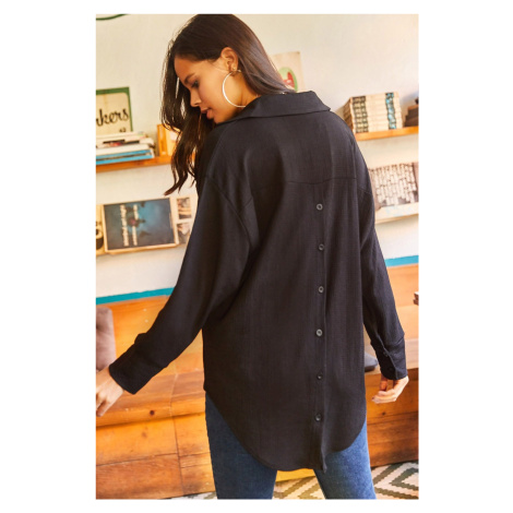 Olalook Women's Black Textured Oversized Shirt with Buttons at the Back