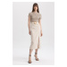 DEFACTO Straight Fit Normal Waist Slit Linen Blend Midi Skirt