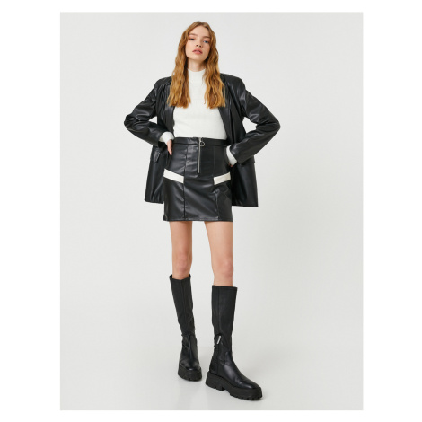 Koton Leather Look Mini Skirt Zippered Color Block