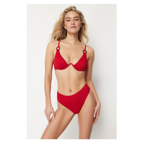 Trendyol Red Textured High Waist Regular Bikini Bottom
