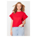 Trendyol Red 100% Cotton Ruffle Detailed Basic Crew Neck Knitted T-Shirt