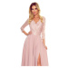 AMBER - Elegantné dlhé krajkové dámske šaty v púdrovo ružovej farbe s dekoltom 309-4