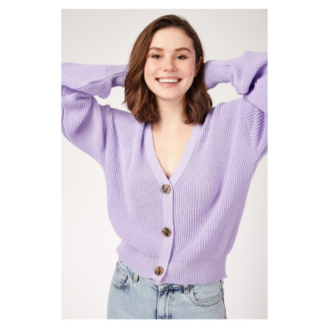 Happiness İstanbul Women's Lilac V-Neck Buttoned Knitwear Cardigan