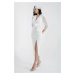 Lafaba Women's White Double Breasted Neck Slit Midi Evening Dress