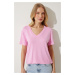 Happiness İstanbul Women's Pink V-Neck Basic Viscose Knitted T-Shirt