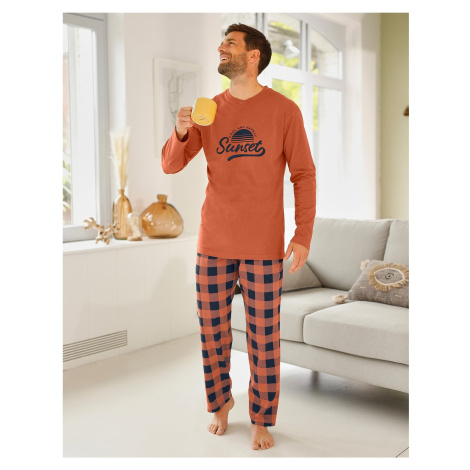 Blancheporte Kockované bavlnené pyžamo s dlhými rukávmi a nohavicami marhuľová