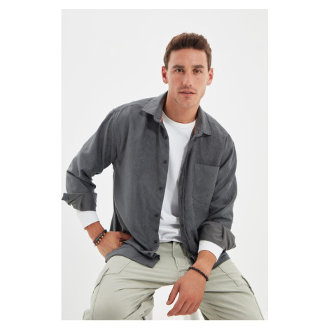 Trendyol Gray Men's Oversize Shirt Collar Single Pocket Long Sleeve Suede Shirt