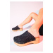 LuviShoes COOPER Black Knitted Genuine Leather Wedge Heel Slippers
