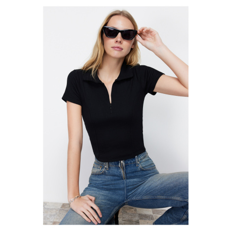 Trendyol Black Ribbed Stitching Detailed Polo Neck Crop Stretchy Knitted Blouse