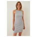 Happiness İstanbul Women's Gray Ribbed Summer Mini Knitted Dress