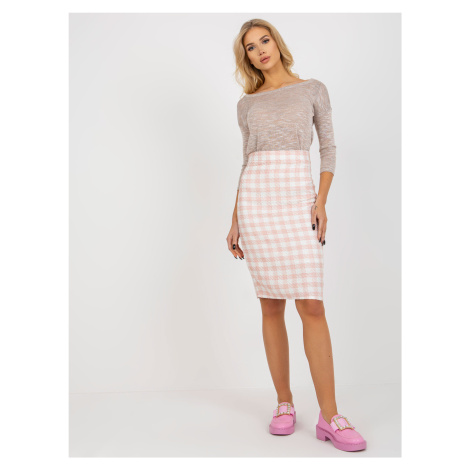 Peach and white woolen tweed pencil skirt