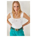Olalook Women's White Bead Detail Square Collar Knitwear Blouse