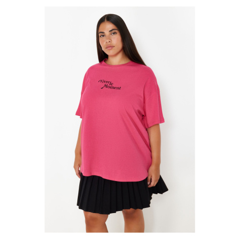 Trendyol Curve Pink Crew Neck Oversize Knitted T-Shirt