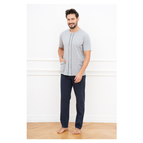 Men's pyjamas Alcest, short sleeves, long trousers - melange/navy blue Italian Fashion