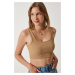 Happiness İstanbul Women's Biscuit Strappy Ribbed Crop Knitted Blouse