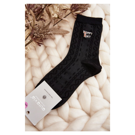 Women's patterned socks with an inscription and a teddy bear, black