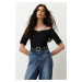 Trendyol Black Sweetheart Neck Short Sleeve Regular/Normal Fit Knitted Blouse