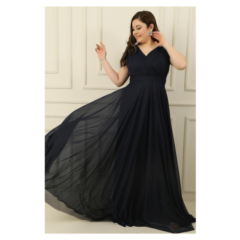 By Saygı Double Breasted Neck Lined Nail Sleeve Full Circle Flared Chiffon Tulle Plus Size Long 
