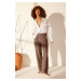 Trendyol Brown 100% Linen Pleated High Waist Wide Leg Trousers