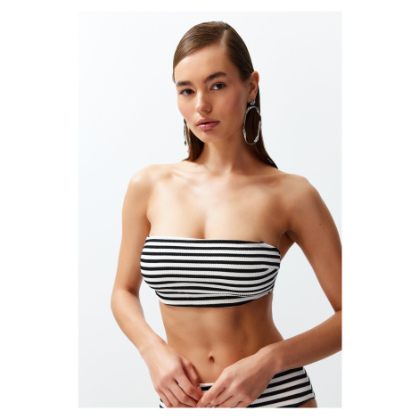 Trendyol Black-White Striped Strapless Textured Hipster Bikini Top