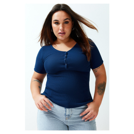 Trendyol Curve Blue Ribbed Snap Fastener Knitted Blouse