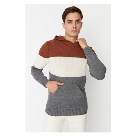 Trendyol Brick Regular Fit Hooded Color Block Knit Sweater