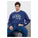 Trendyol Navy Blue Oversize/Wide Cut Polar Fleece Printed Sweatshirt