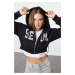 Trendyol Black Slogan Embroidery Detailed Hooded Crop Regular/Normal Fit Knitted Sweatshirt