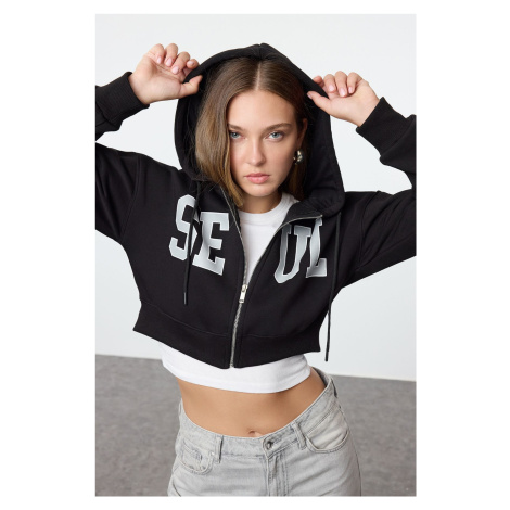 Trendyol Black Slogan Embroidery Detailed Hooded Crop Regular/Normal Fit Knitted Sweatshirt