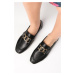 Mio Gusto Dakota Genuine Leather Black Color Chain Accessory Blunt Toe Women's Loafer Shoes