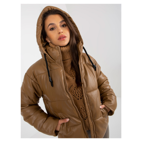Camel down jacket made of eco-leather with stitching
