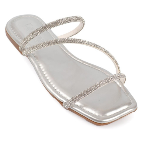 Capone Outfitters With Capone Stones, 3-Stripes, Flat Heel, Quilted Silver Women's Slippers.