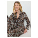 Trendyol Leopard Belted Piping Detailed Double Breasted Viscose Woven Pajama Set