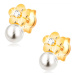 Náušnice zo žltého 14K zlata, lesklý kvet s čírym diamantom, biela perla