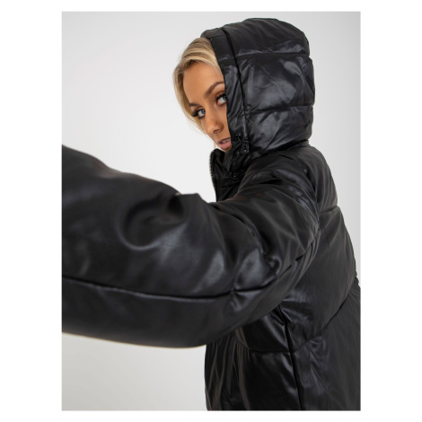 Black winter jacket made of eco-leather with stitching