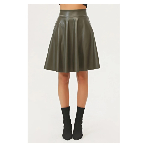 88854 Dewberry Flared Faux Leather Skirt-Khaki