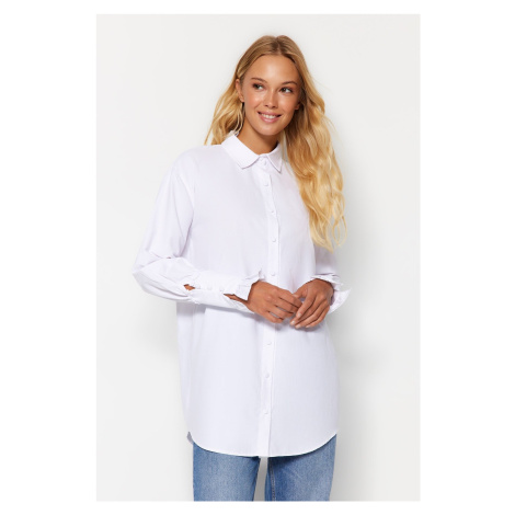 Trendyol White Ruffle Detail Cotton Woven Shirt