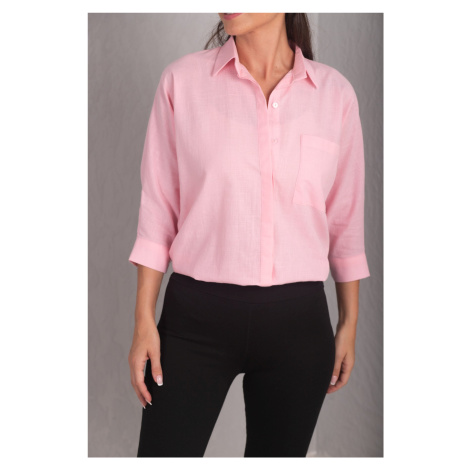 armonika Women's Powder Pink Loose Linen Shirt with Pocket